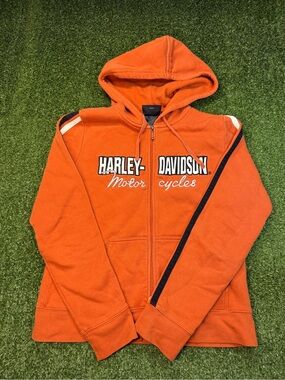 Harley Davidson Womens Fill Zip Logo Hoodie Spellout Orange Striped Motorcycle L